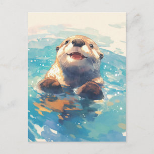 Postal Nutria Feliz de Acuarela Nadando