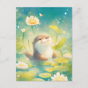 Postal Nutria Feliz en la Estanque de Lirios de Verano