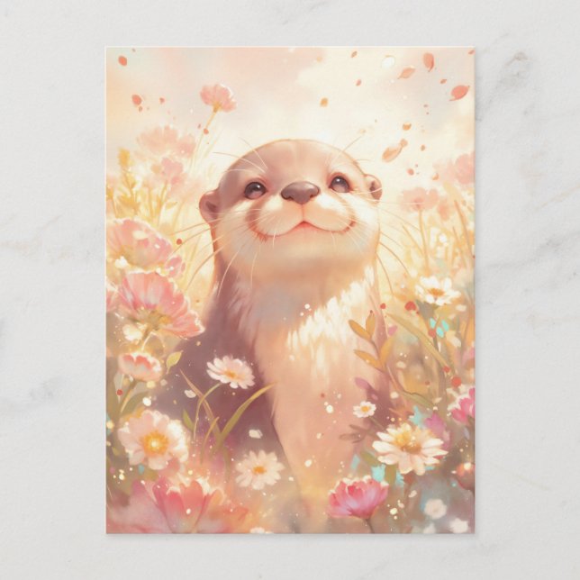 Postal Nutria Feliz en Prado Soleado Pastel (Anverso)