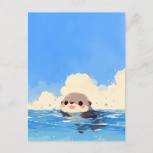 Postal Nutria Feliz Nadando en Océano Azul