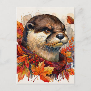 Postal Nutria Gruñona en Acuarela de Agua de Otoño