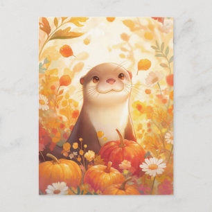Postal Nutria Otoñal Caprichosa y Prado de Calabaza