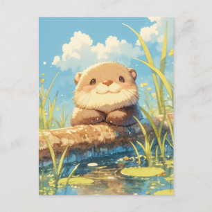 Postal Nutria sonriente en el tronco soleado del río