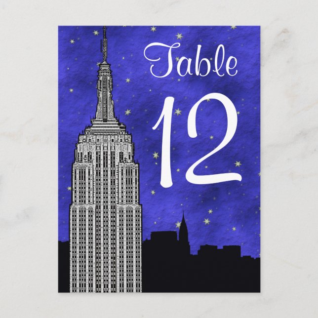 Postal NYC ESB Skyline Silhouette Blu Starry Table Number (Anverso)