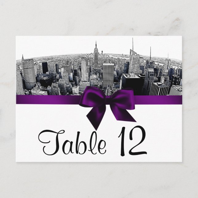 Postal NYC Etched Fisheye Skyline BW Purple Table Number (Anverso)