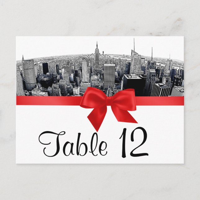 Postal NYC Etched Fisheye Skyline BW Red Table Number (Anverso)