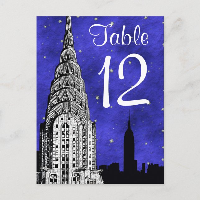 Postal NYC Skyline Silhouette Blue Stark Table Number (Anverso)