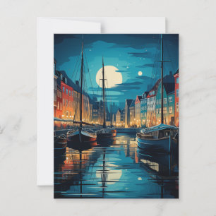 Postal Nyhavn Copenhagen Moonlit Canal Night