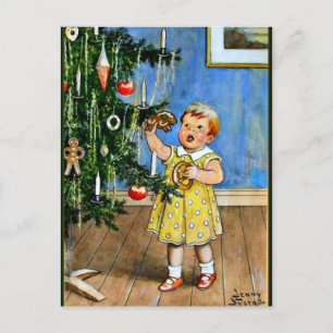 Postal Nystrom - Chica por el árbol de Navidad, añejo