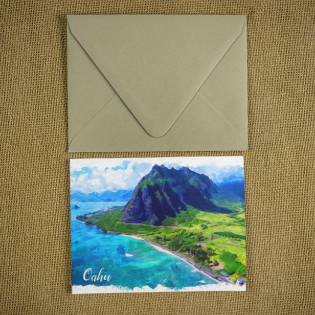 Postal Oahu Hawaii Panorama View Beach (Oahu Hawaii Travel Watercolor Postcard)