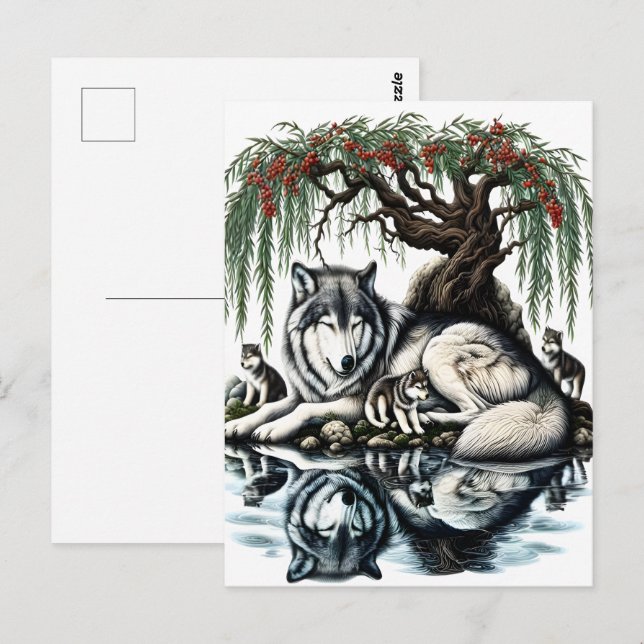 Postal Oasis familiar de Lobo Serene en naturaleza ídílic (Anverso / Reverso)