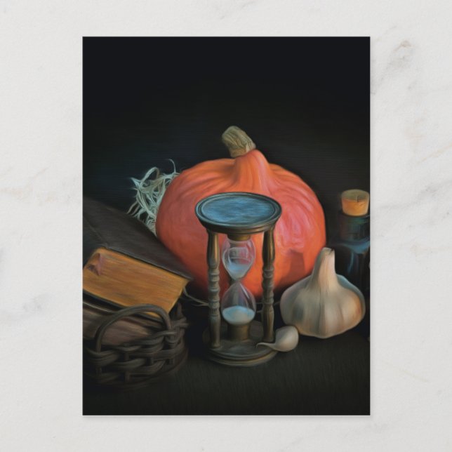 Postal Objetos de cocina sobre una mesa en una sala oscur (Anverso)