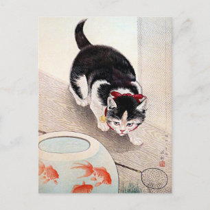 Postal Obra de arte Cuenco de gato y pez dorado,