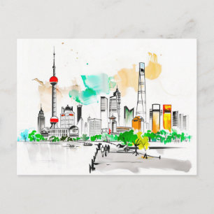 Postal obra de arte de tinta intrincada del horizonte de