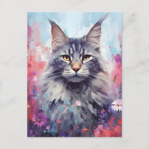 Postal Obra de arte en acuarela colorida de Maine Coon