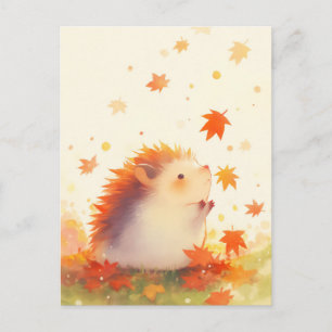 Postal Observando Erizo Caer Hoja de Arce de Otoño