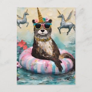 Postal Obús caprichosos y unicornios flotando en un río