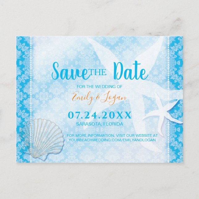 Postal Ocean Blue Beach Wedding Salva la fecha (Anverso)