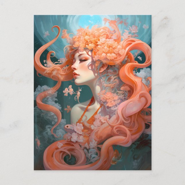 Postal Ocean Nymph Coral arte de fantasía azul rosado (Anverso)