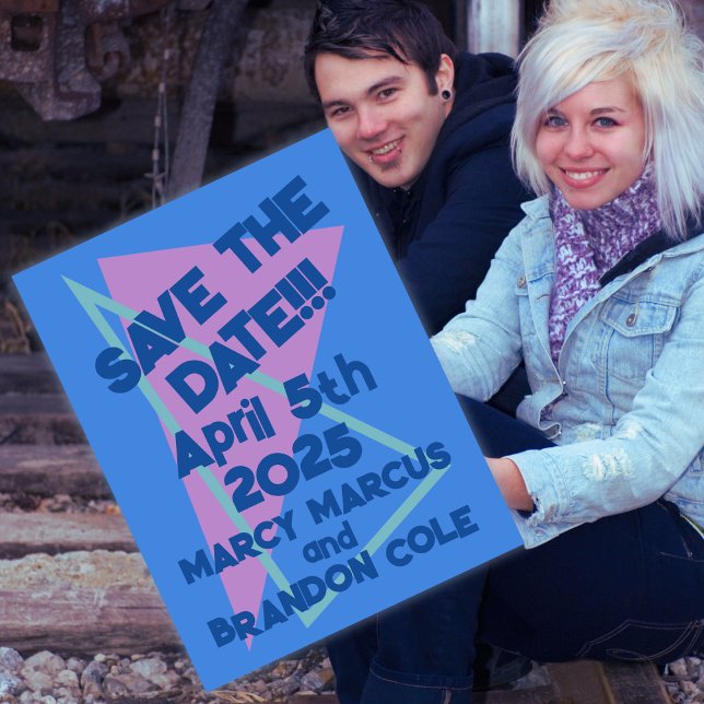 Postal Ochenta pasteles en Blue New Wave Save the Date (Subido por el creador)