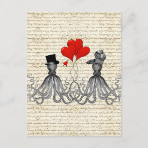Postal Octopi y corazones de la vendimia