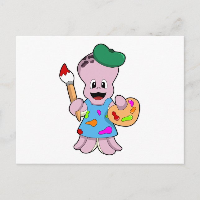 Postal Octopus as Painter con pincel de pintura (Anverso)