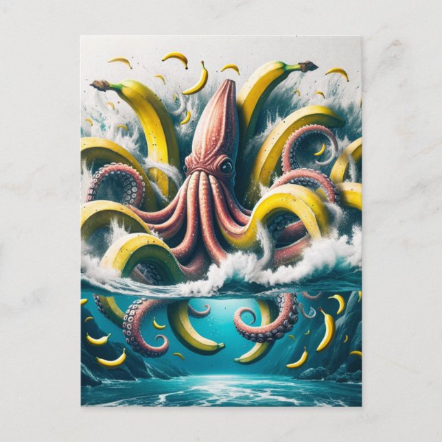 Postal Octopus bananero surrealista enojado (Anverso)