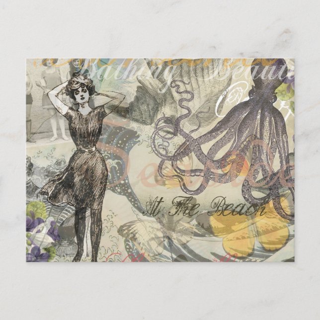 Postal Octopus Beach Antique Coastal Steampunk (Anverso)