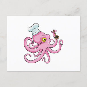 Postal Octopus como cocinero con cuchara de madera