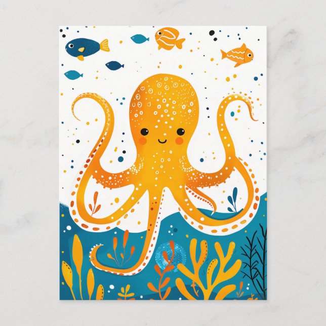 Postal Octopus lúdico personalizado con peces coloridos (Anverso)
