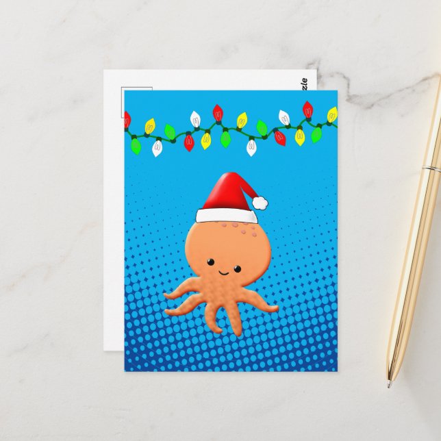 Postal Octopus Personalizado lindo Navidades Santa Hat (Anverso/Reverso In Situ)
