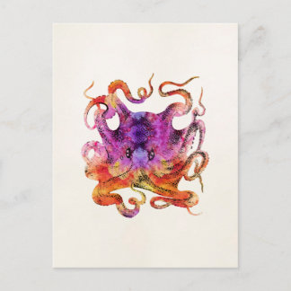 Postal Octopus retro vintage tinte color de agua morado