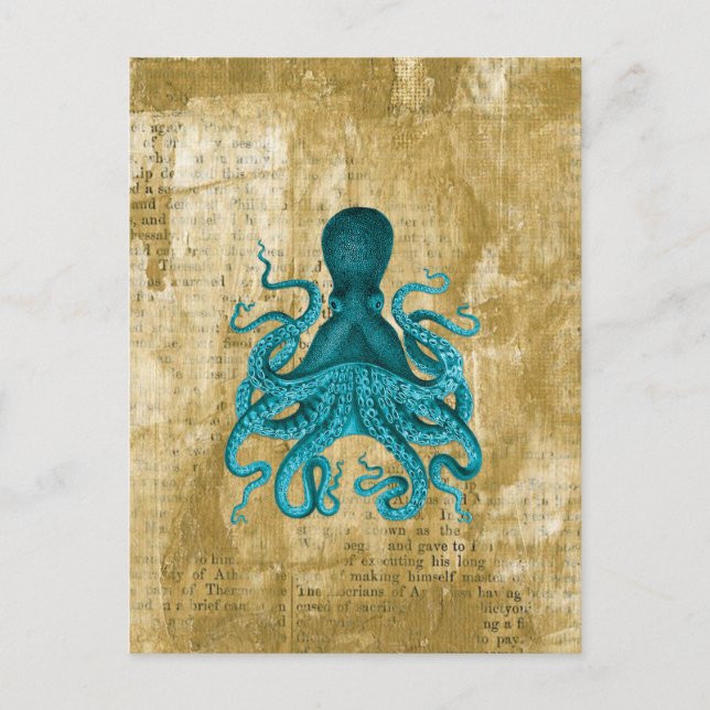 Postal Octopus turquesa sobre el dorado (Anverso)
