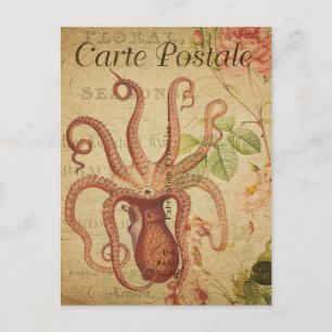 Postal Octopus vintage Squid Roses rosados franceses