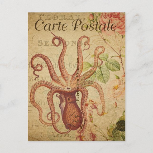Postal Octopus vintage Squid Roses rosados franceses (Anverso)