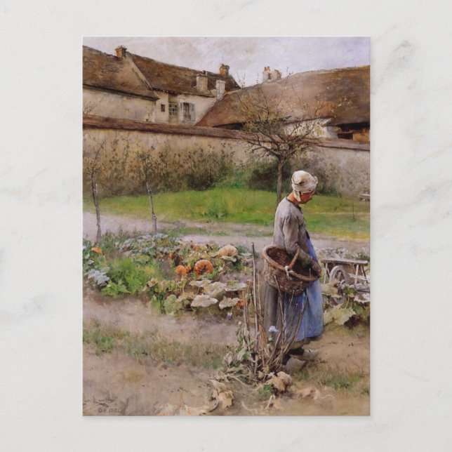 Postal Octubre con una mujer en su jardín (Anverso)
