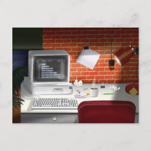 Postal Oficina de los años 80 con computadora clásica ret