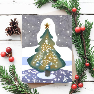 Postal Oh Árbol de Navidad   Pintura de invierno en acuar