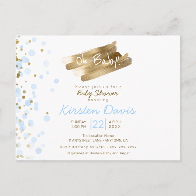 Postal Oh Baby Blue & Gold es un chico Baby Shower (Anverso)