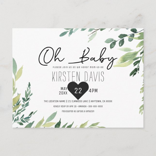 Postal Oh Baby Greenery Baby Shower Género Neutral (Anverso)