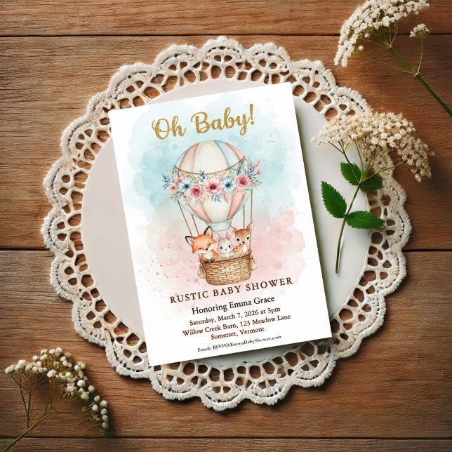 Postal Oh Baby Hot Air Balloon Floral Invitation (Subido por el creador)