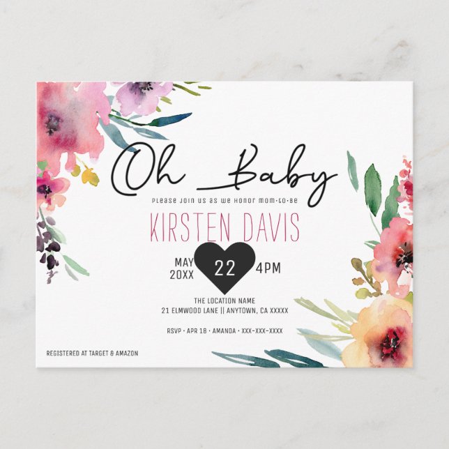 Postal Oh Baby Watercolor Floral Chica Baby Shower (Anverso)