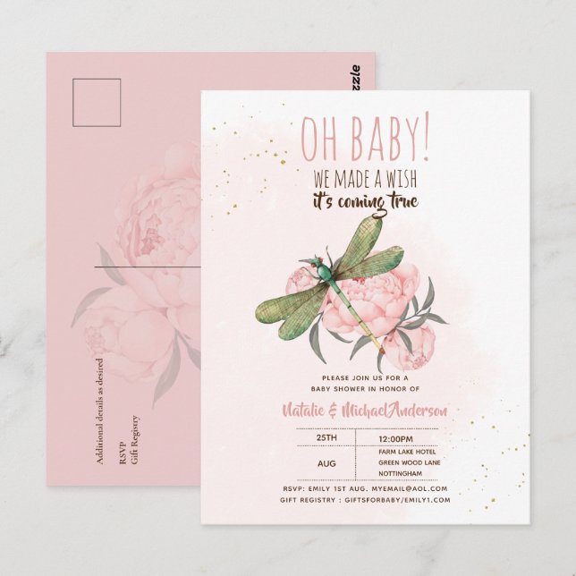 Postal Oh Bebé DRAGONFLY Haz un deseo de Baby Shower Flor (Anverso / Reverso)