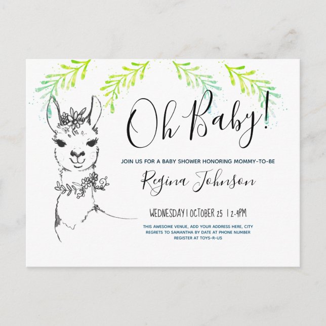 Postal Oh Chica de Baby Shower Cute llama (Anverso)