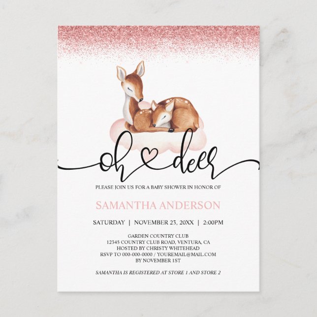Postal Oh Deer Watercolor Rosa Gold Purpurina Baby Shower (Anverso)
