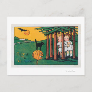 Postal Oh, mi gato negro de Halloween asusta a los niños