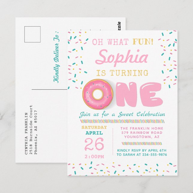 Postal Oh Qué Diversión Donut Primera Fiesta de Cumpleaño (Anverso / Reverso)