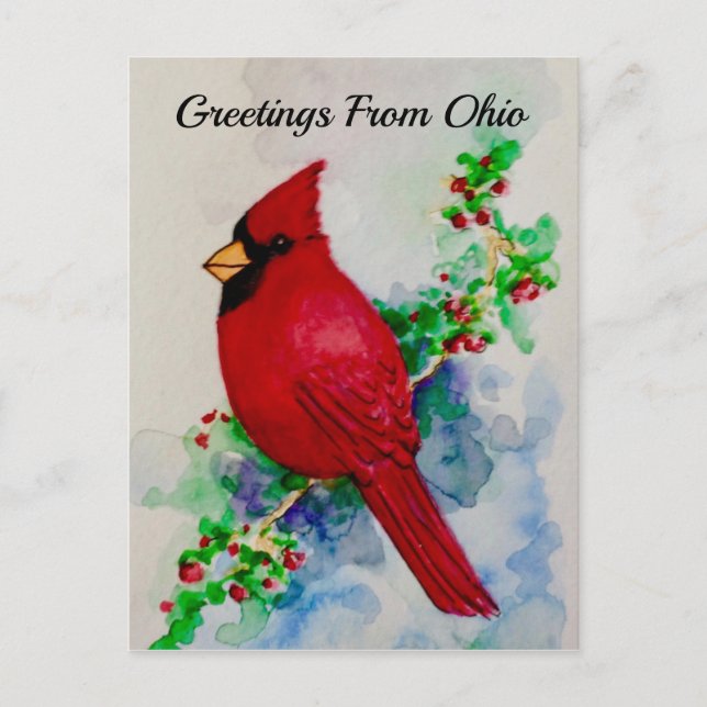 Postal Ohio Cardinal State Bird Berries Watercolor (Anverso)