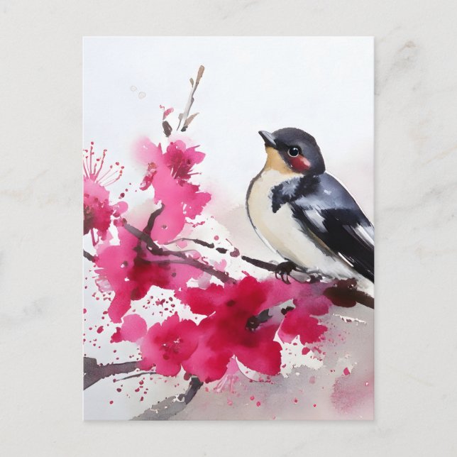 Postal Oiseau sur branche de cerisier en fleurs, peinture (Anverso)