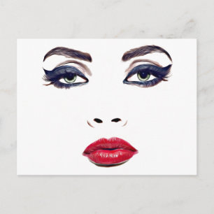 Postal Ojos Verdes Labios Rojos Rostro de Mujer Arte de M